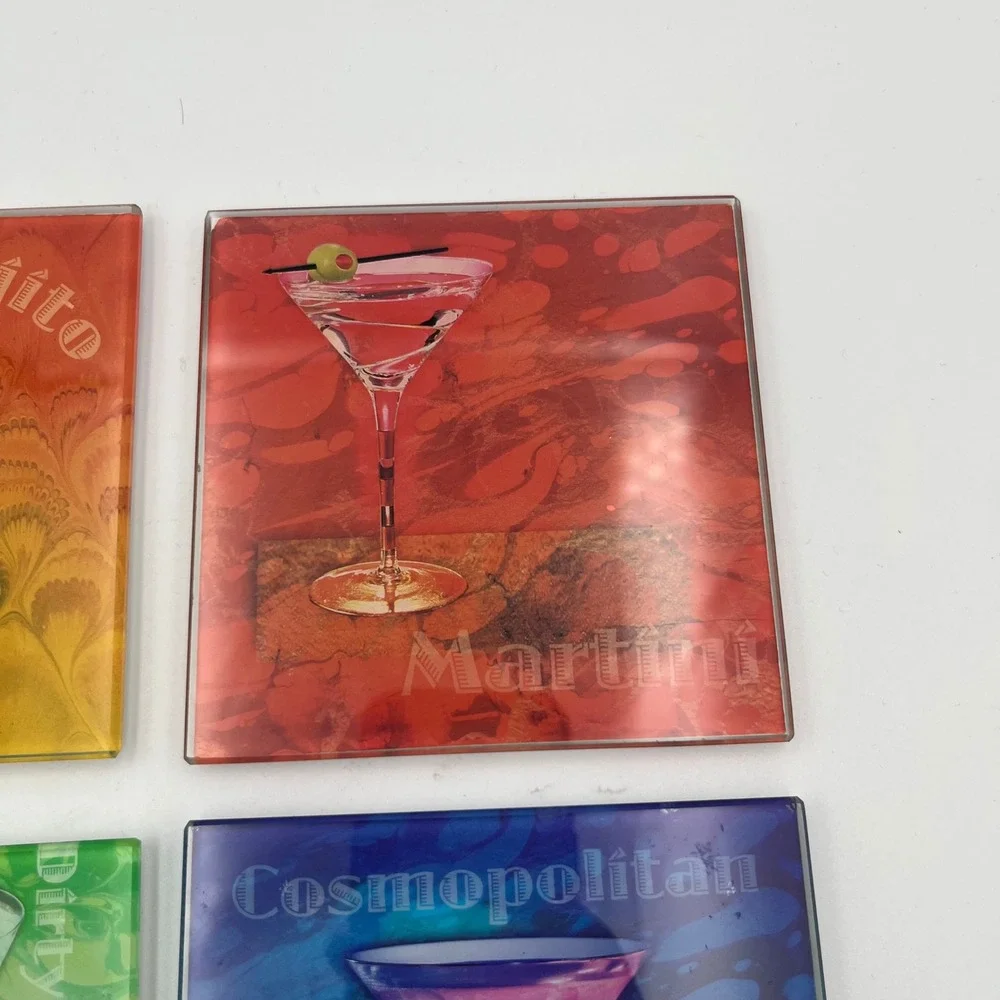Cocktail Coasters Set of 4, Mojito Martini Cosmopolitan Appletini Drinks Barware